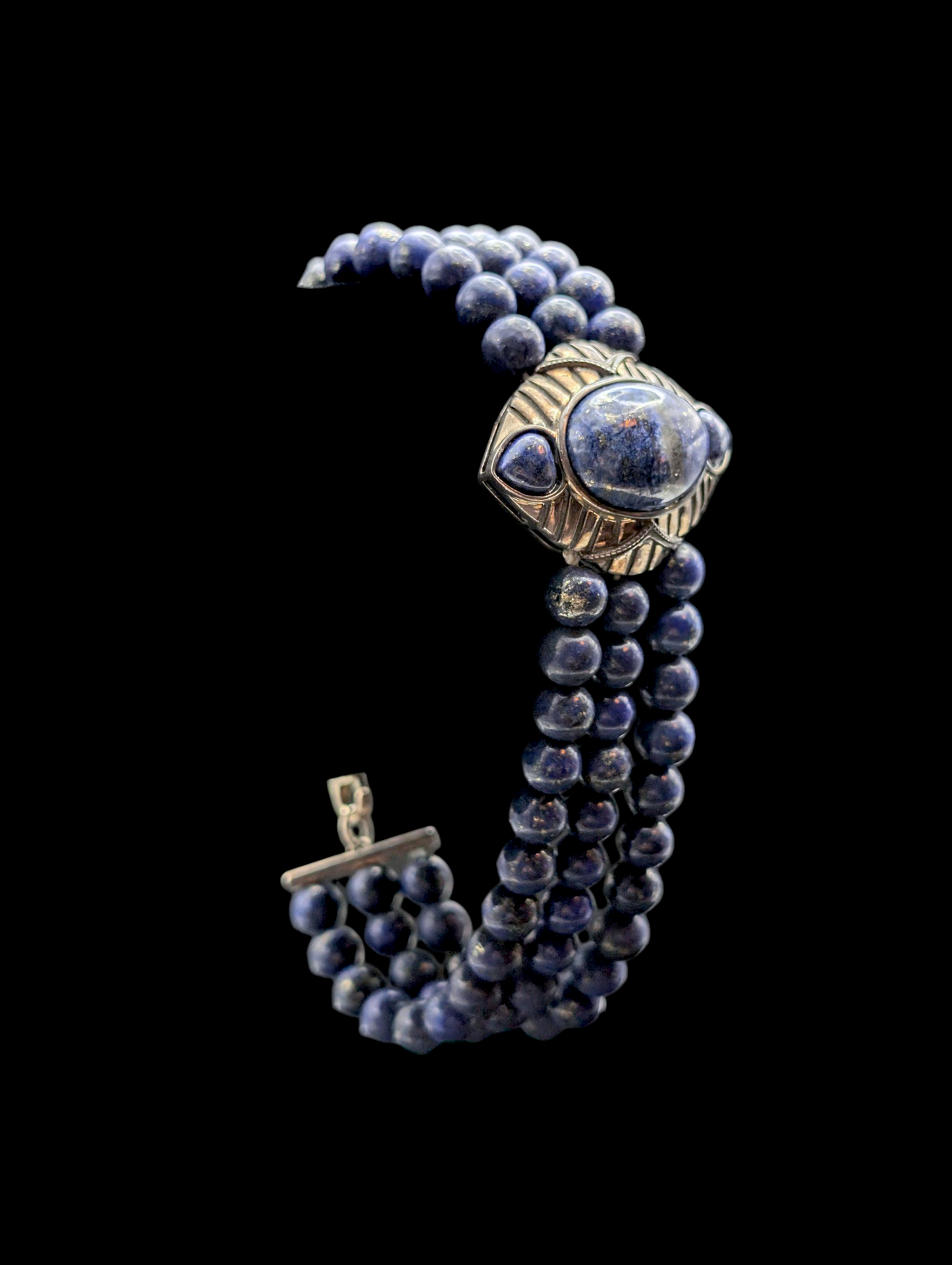 Vintage Genuine Lapis Lazuli Egyptian Inspired Sterling Silver Multi Strand Bracelet