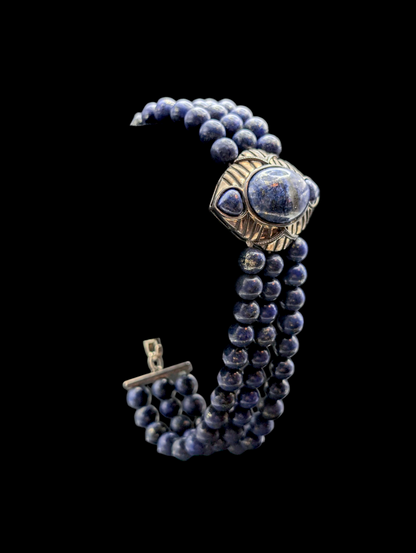 Vintage Genuine Lapis Lazuli Egyptian Inspired Sterling Silver Multi Strand Bracelet