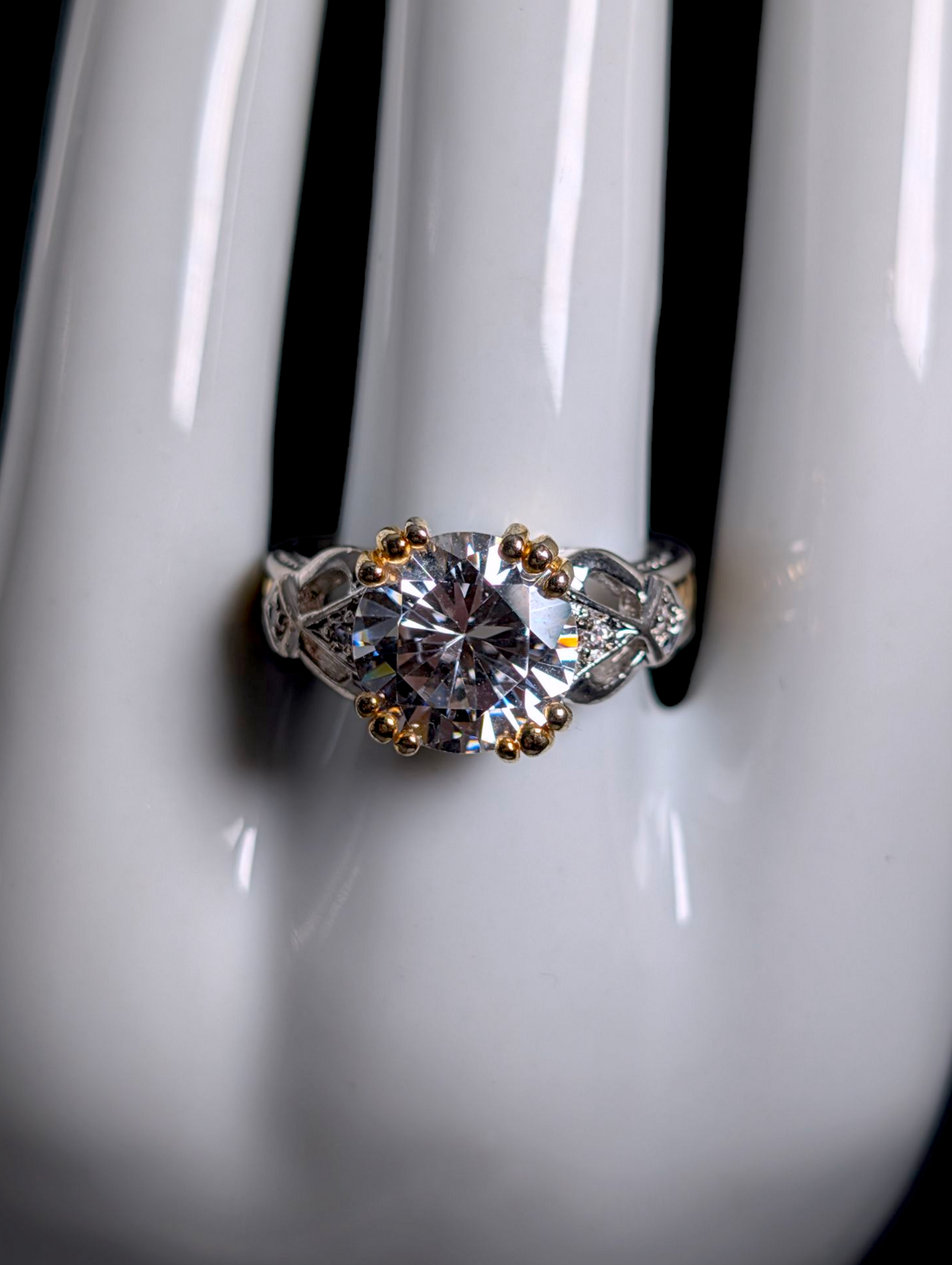 Vintage Brilliant Round Cut Simulated Diamond with Braided 18K Gold over Sterling Cocktail Statement Vacation Ring