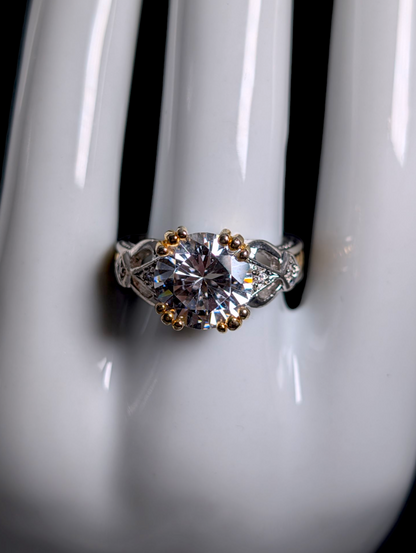 Vintage Brilliant Round Cut Simulated Diamond with Braided 18K Gold over Sterling Cocktail Statement Vacation Ring