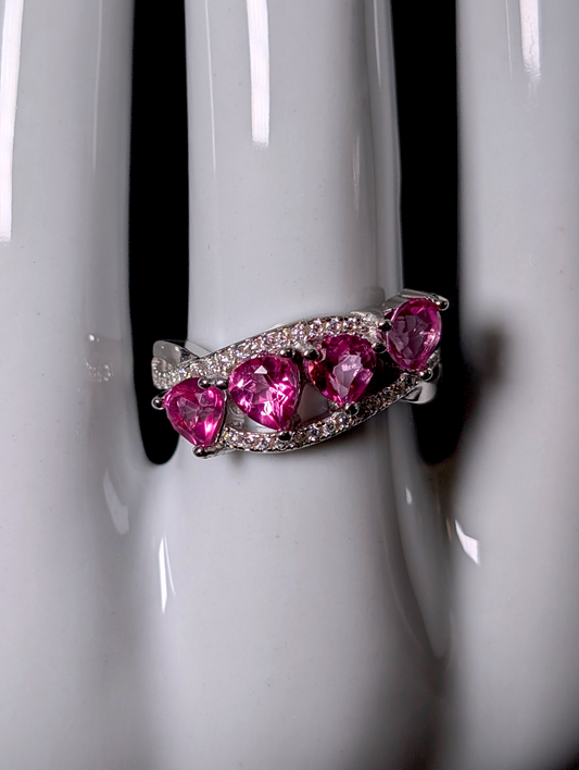 Vintage Inspired Four Tear Drop Cut Verified Pink Topaz and Simulated Diamond Accents Sterling Silver Row Band Ring