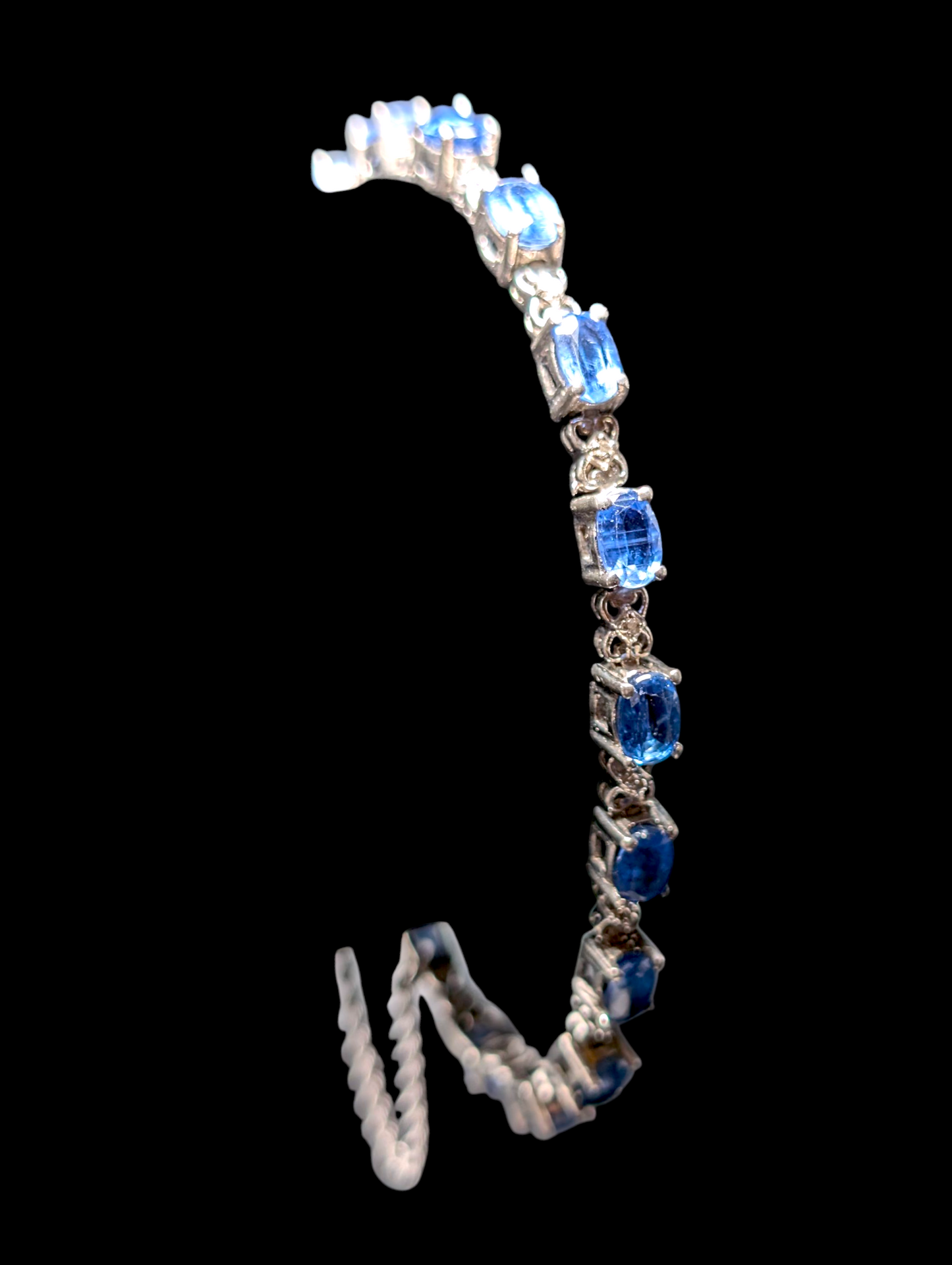 Vintage 7+ Carat Oval Cut Genuine London Blue Topaz Sterling Silver Tennis Bracelet with 14k White Gold Safety Chain