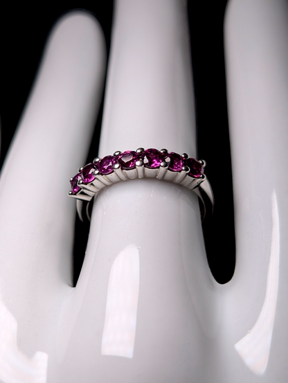 Vintage Half Eternity Band Round Cut Genuine Rhodolite Garnet Sterling Silver Ring