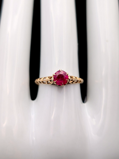 Antique Six Prong High Head Set Round Brilliant Cut Genuine Ruby Solitaire 10k Yellow Solid Gold Filigree Ring