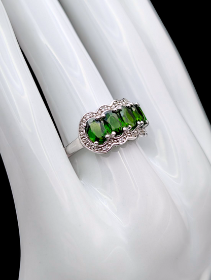 Vintage Half Eternity Band Earth Mined Genuine Chrome Diopside and White Topaz Accented Sterling Silver Ring