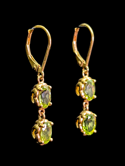 Vintage Oval Cut Genuine Peridot 18k Gold Vermeil Dangle Leverback Earrings