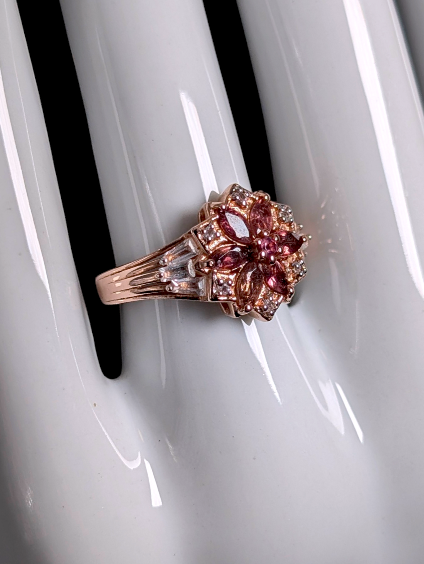 Vintage Star Flower Genuine Pink Tourmaline with White Topaz Accents 14kt Rose Gold over Sterling Silver Cluster Ring