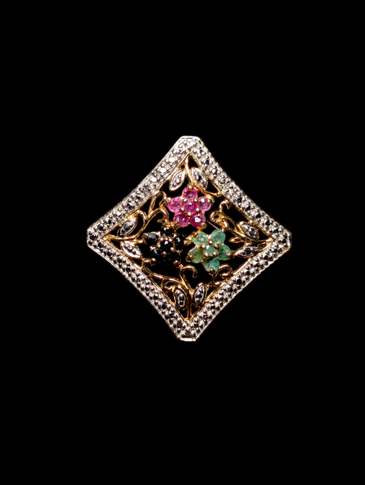 Vintage Flower 3 Stone Genuine Ruby, Sapphire and Emerald with Diamond Accents Yellow Gold over Sterling Pendant