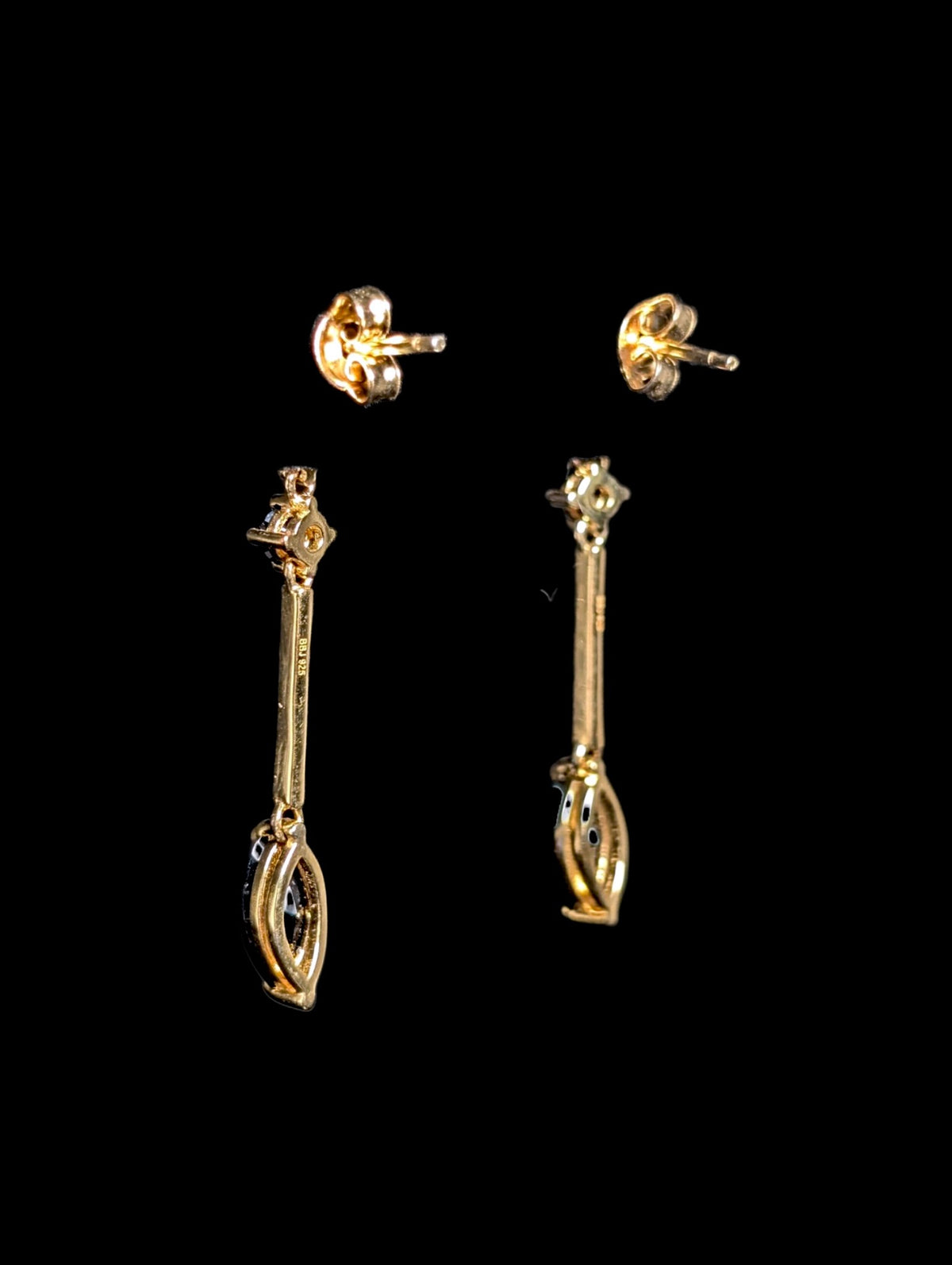 Vintage Marquise Cut Genuine Black Onyx Gold over Sterling Drop Earrings
