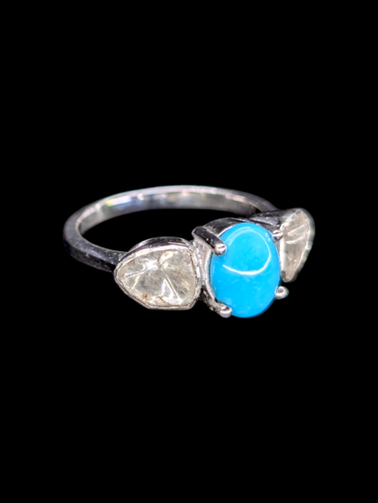 Vintage D'Joy Genuine Earth Mined Diamond and Genuine Sleeping Beauty Turquoise Sterling Silver Ring