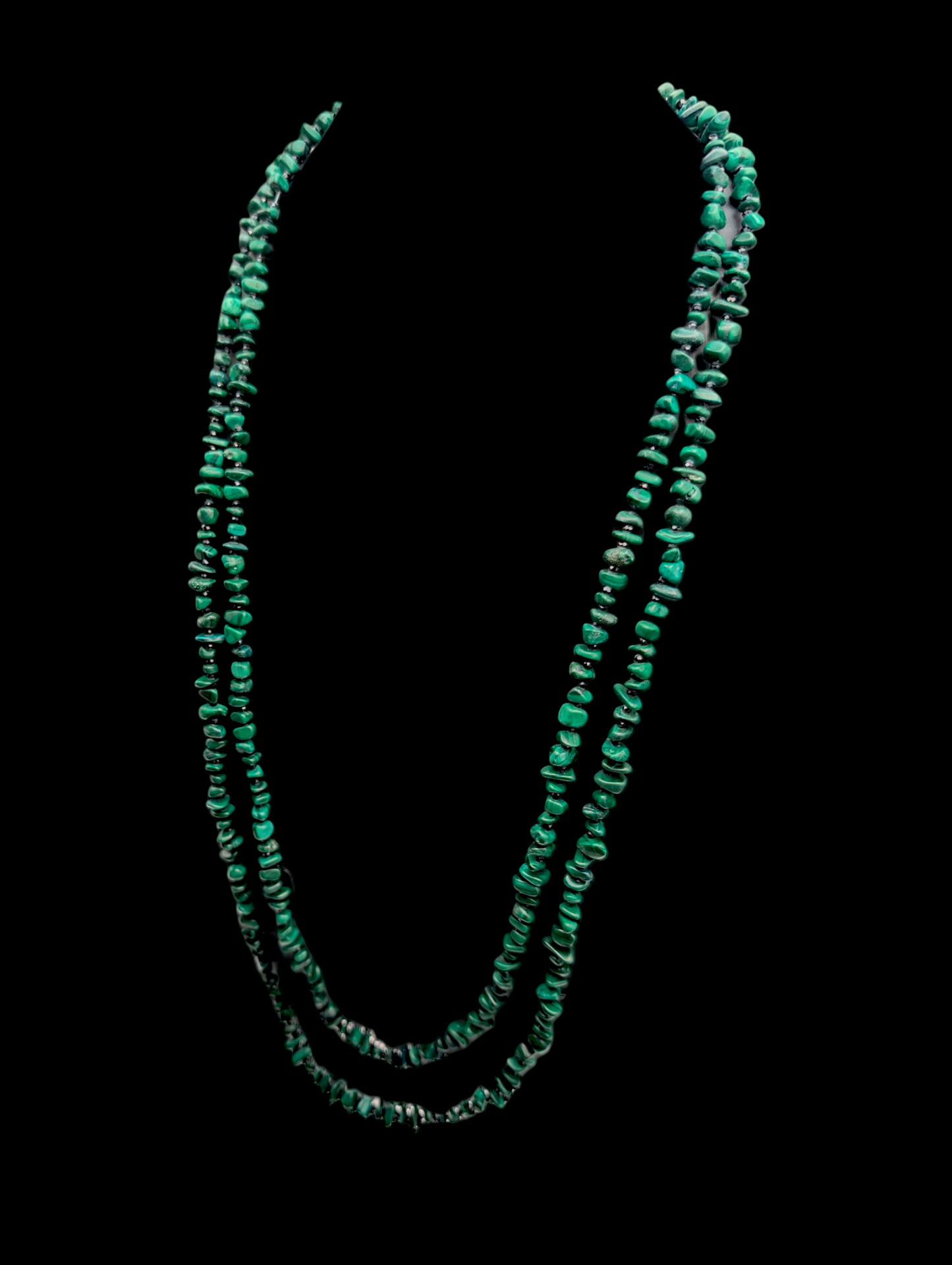Vintage Genuine Malachite and Black Onyx Gemstone Extra Long Sterling Silver Necklace