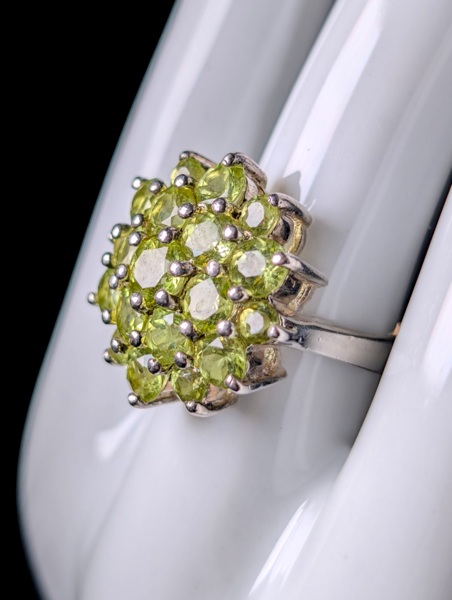 Vintage Round Cluster Genuine Peridot Sterling Silver Statement Cocktail Ring