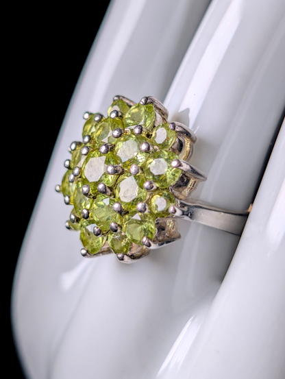 Vintage Round Cluster Genuine Peridot Sterling Silver Statement Cocktail Ring