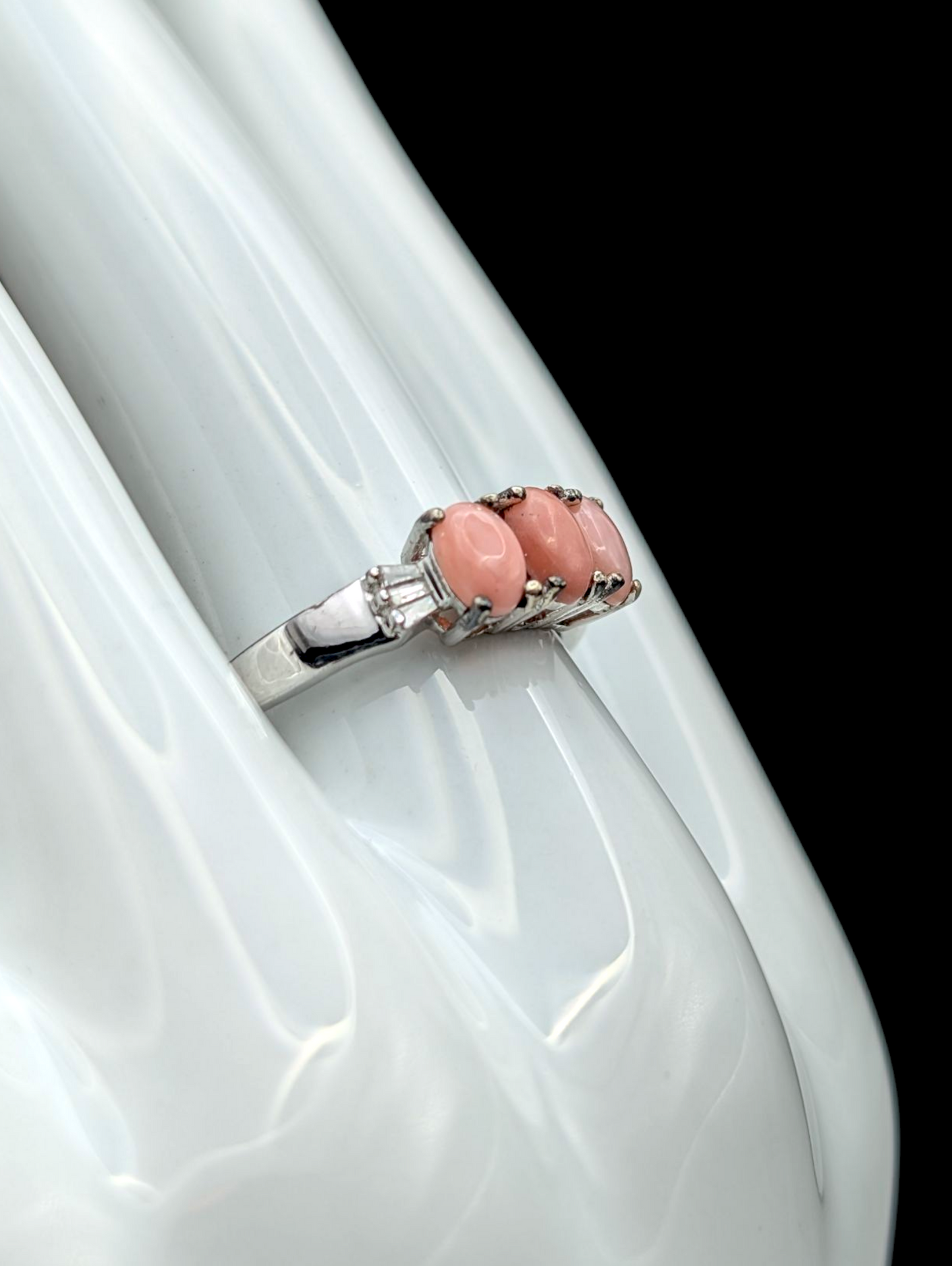 Vintage Earth Mined Genuine Pink Opal and Diamond Accent Sterling Silver Ring