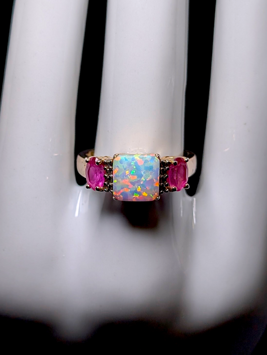 Vintage Princess Cabochon Cut Genuine Opal Solitaire with Oval Cut Pink Ruby Sapphire Accents 18kt Yellow Gold over Sterling Silver Ring