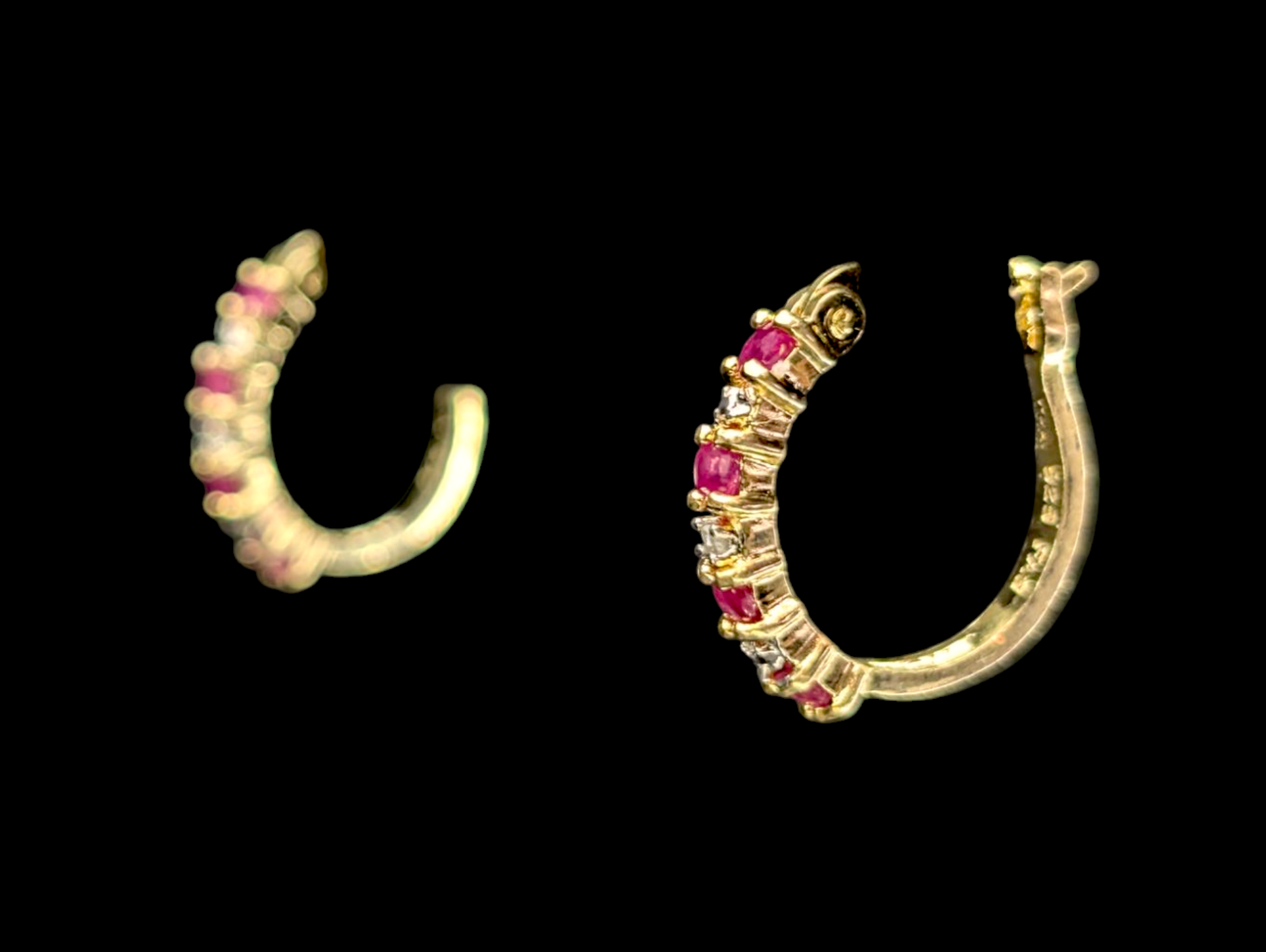 Vintage 14k Yellow Gold Vermeil Genuine Thai Ruby and Diamond Hoop Earrings