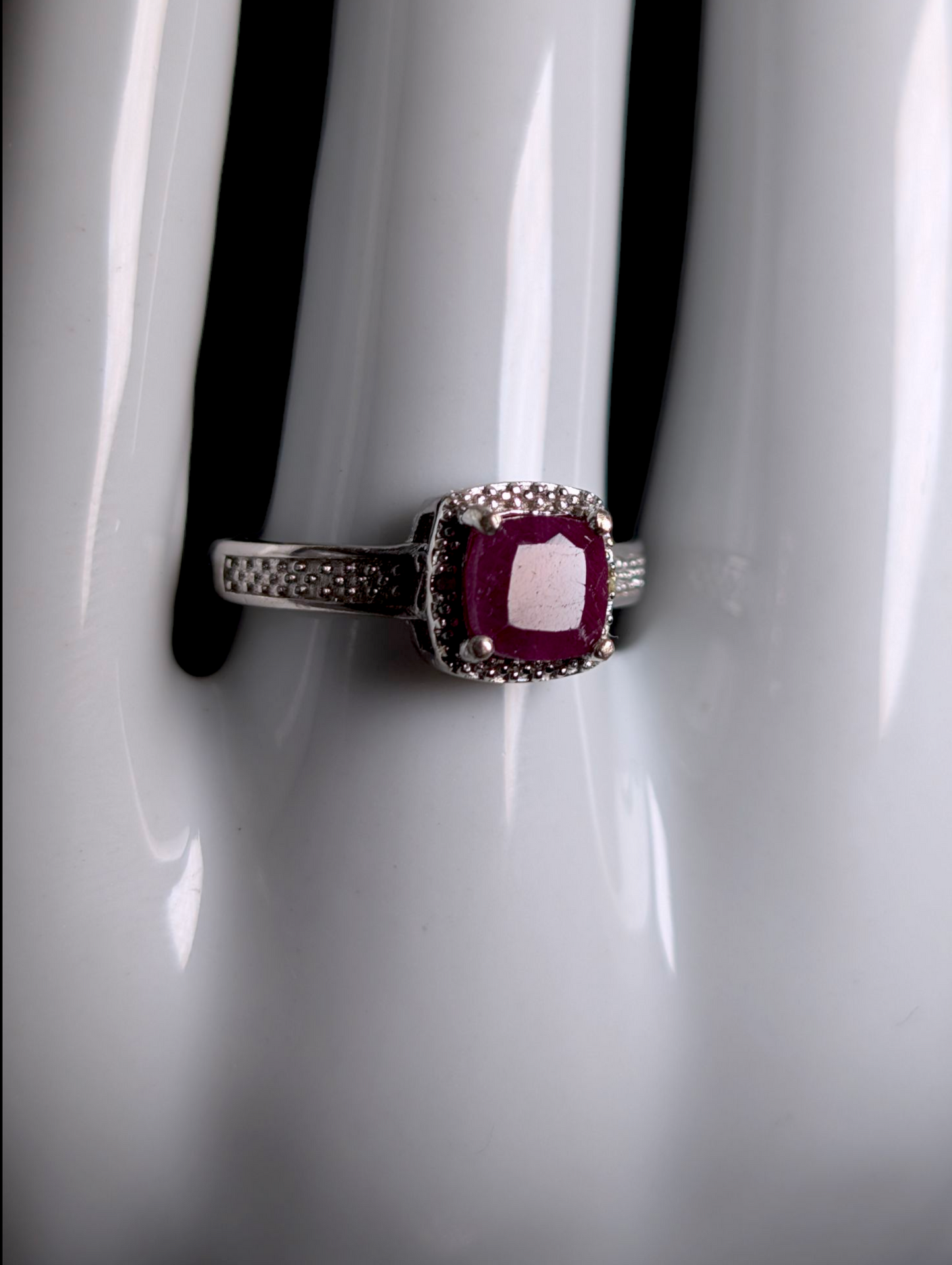 Vintage Earth Mined Cushion Cut Genuine Red Ruby Solitaire with Diamond Accented Halo Sterling Silver Ring