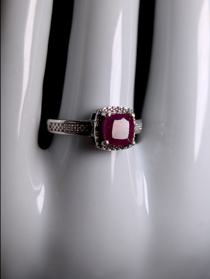 Vintage Earth Mined Cushion Cut Genuine Red Ruby Solitaire with Diamond Accented Halo Sterling Silver Ring