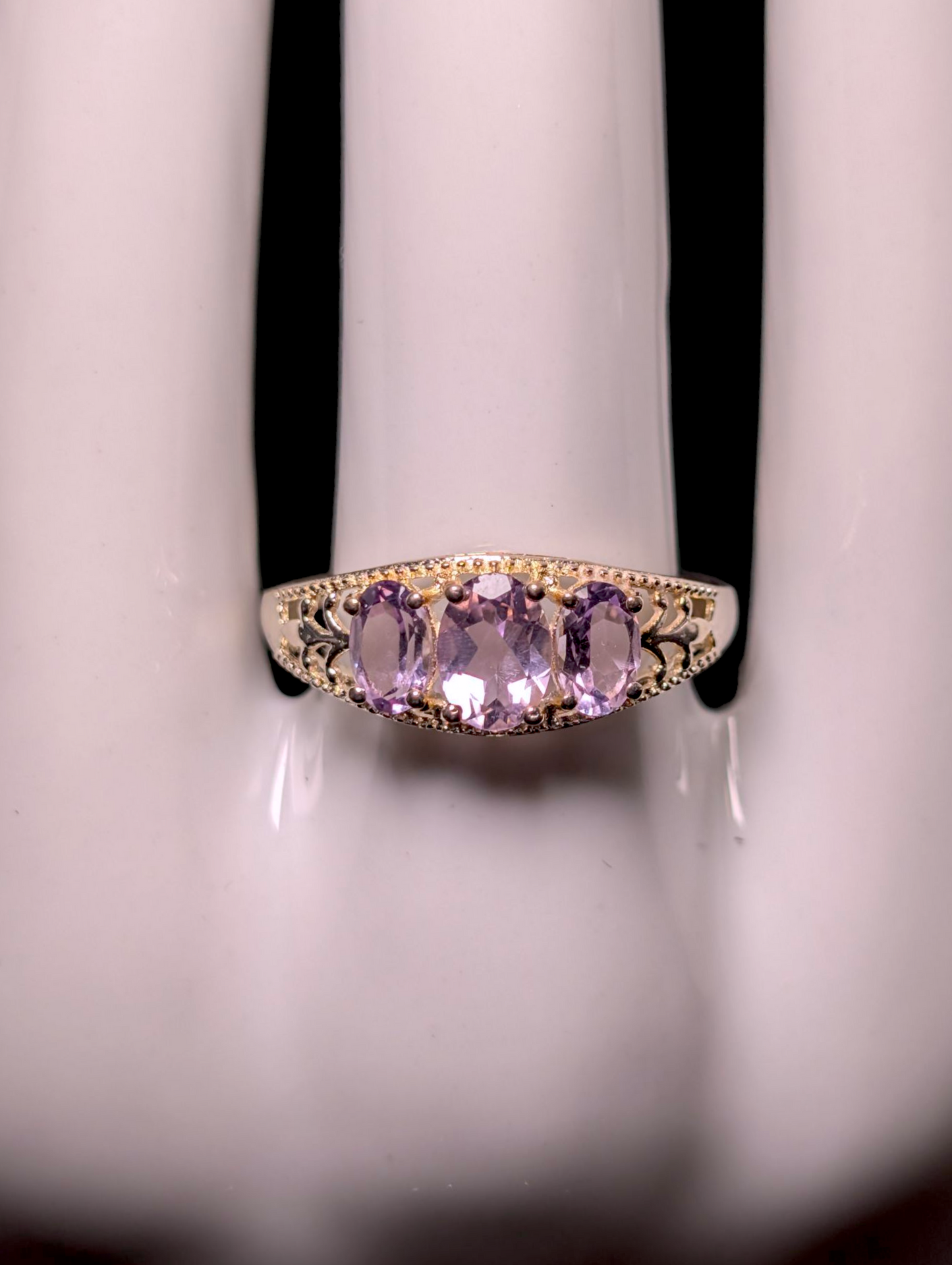 Vintage 3 Stone Genuine Lavender Amethyst Sterling Silver Filigree Ring