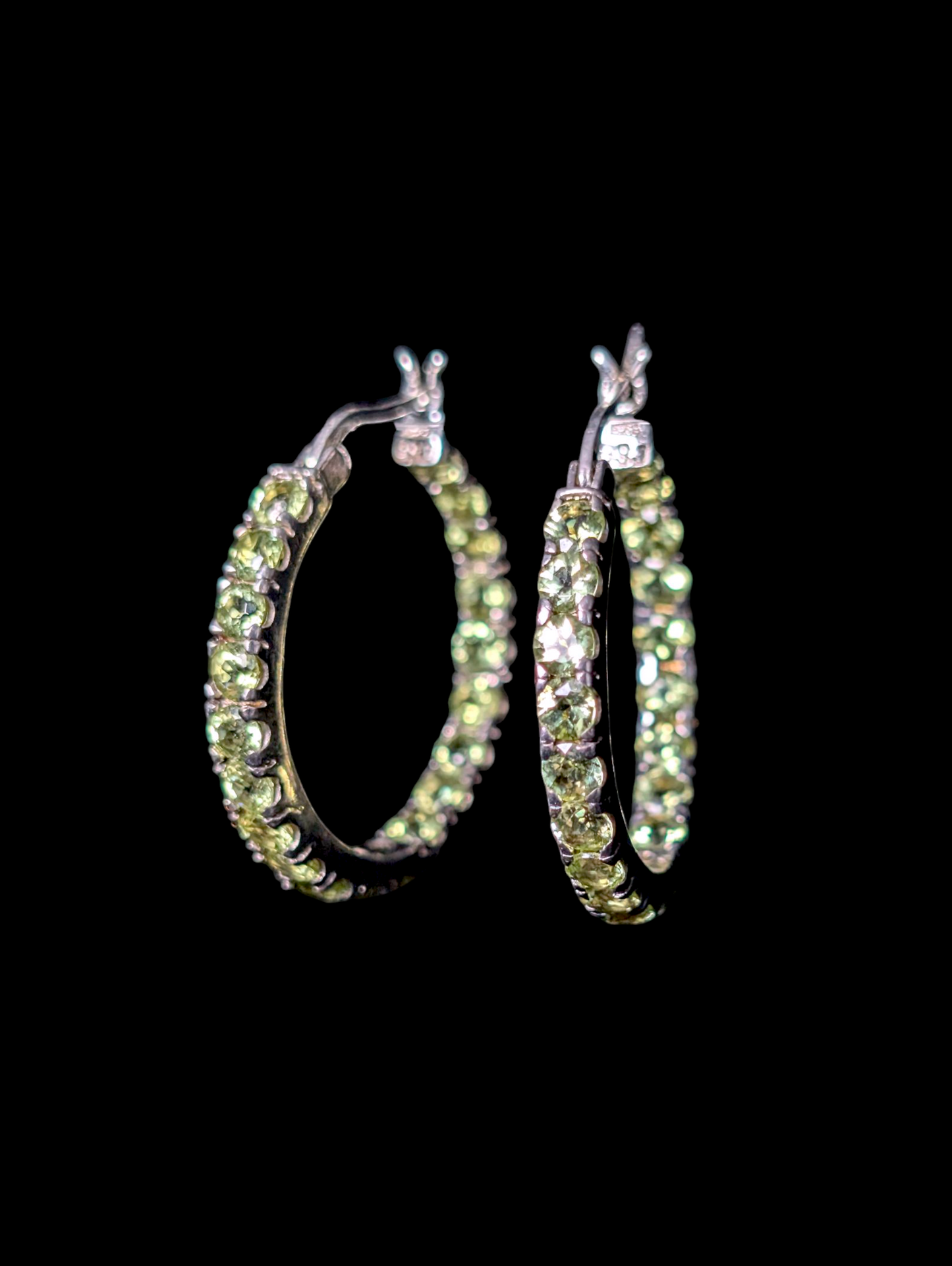 Vintage Gold Stone Jewelry Inside Out Genuine Green Peridot Sterling Silver Round Hoop Earrings