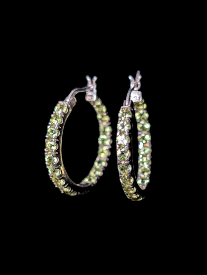 Vintage Gold Stone Jewelry Inside Out Genuine Green Peridot Sterling Silver Round Hoop Earrings