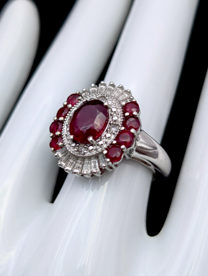 Vintage Art Deco Inspired Earth Mined Genuine Ruby and White Topaz Halo Rhodium over Sterling Silver Ring