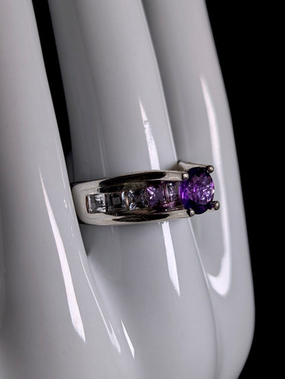 Vintage Floating Round Cut Genuine Purple Amethyst and White Topaz Sterling Ring