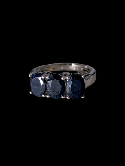 Vintage 2+ Carat Tri Stone Earth Mined Genuine Blue Sapphire Sterling Silver Ring