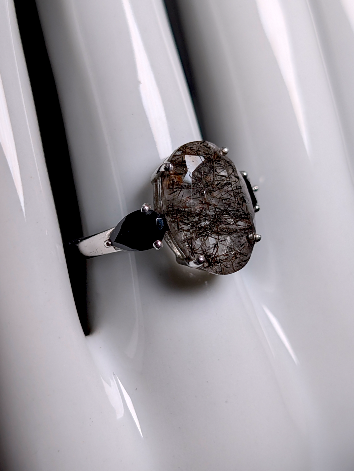 Vintage Oval Cut Earth Mined Genuine Rutilated Quartz and Black Onyx Sterling Silver Statement Ring