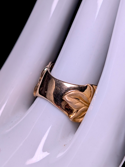 Vintage Golden Leaves with Genuine Multi-Gemstones 10kt Gold Vermeil Matte Finish Wide Band Ring