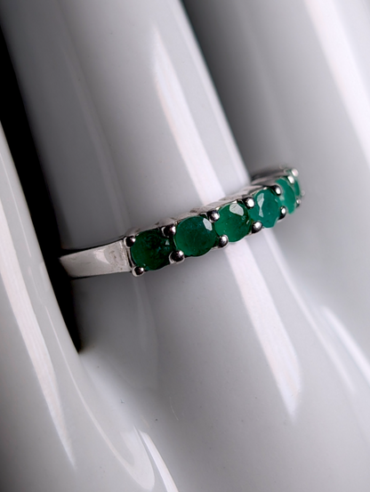Vintage Half Eternity Band Round Cut Earth Mined Genuine Emerald Sterling Silver Ring