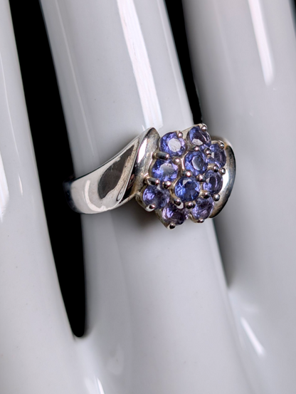 Vintage Earth Mined Genuine Tanzanite Cluster Sterling Silver Ring