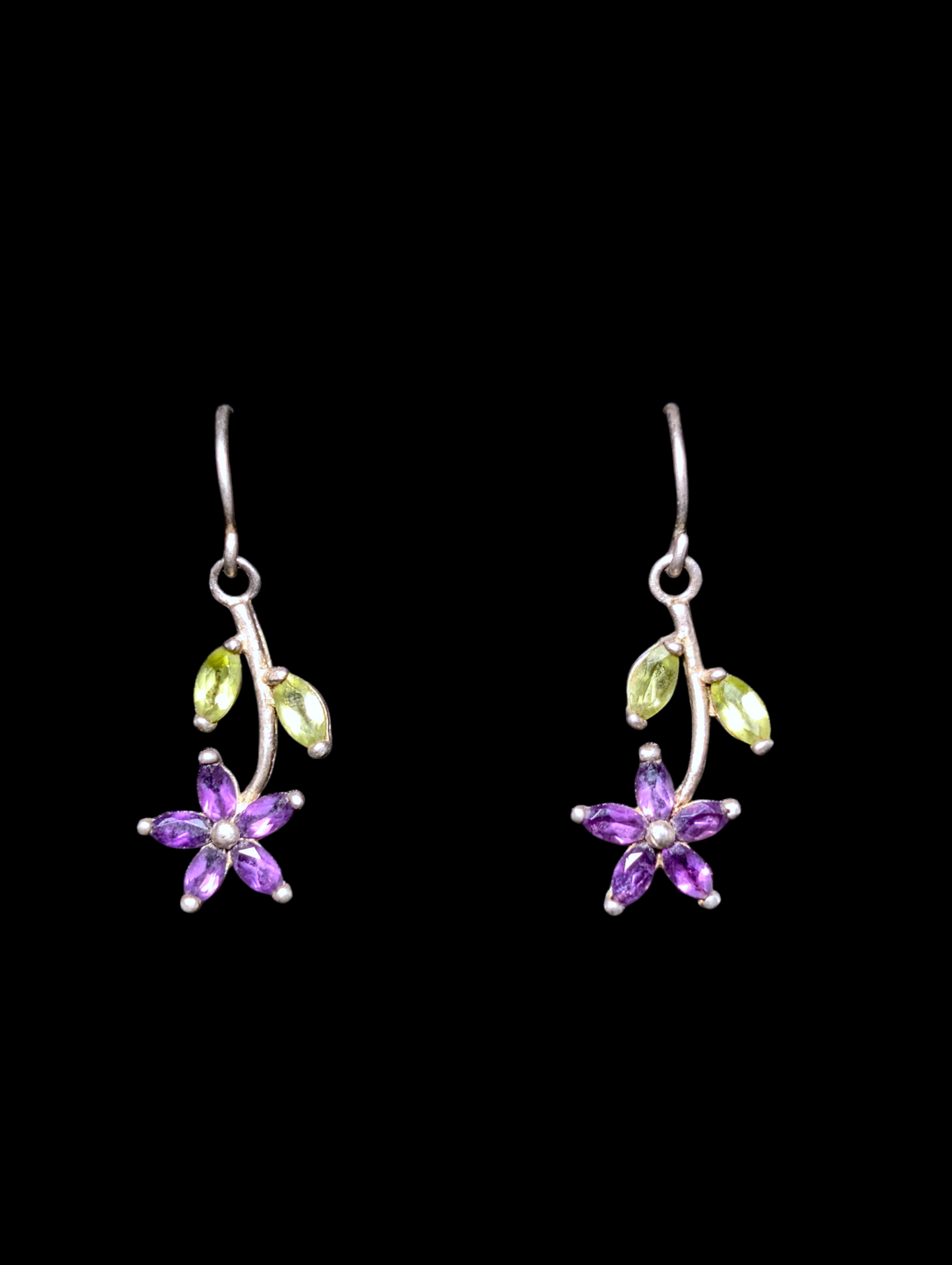 Vintage Flower Prong Set Genuine Amethyst and Peridot Sterling Silver Earrings