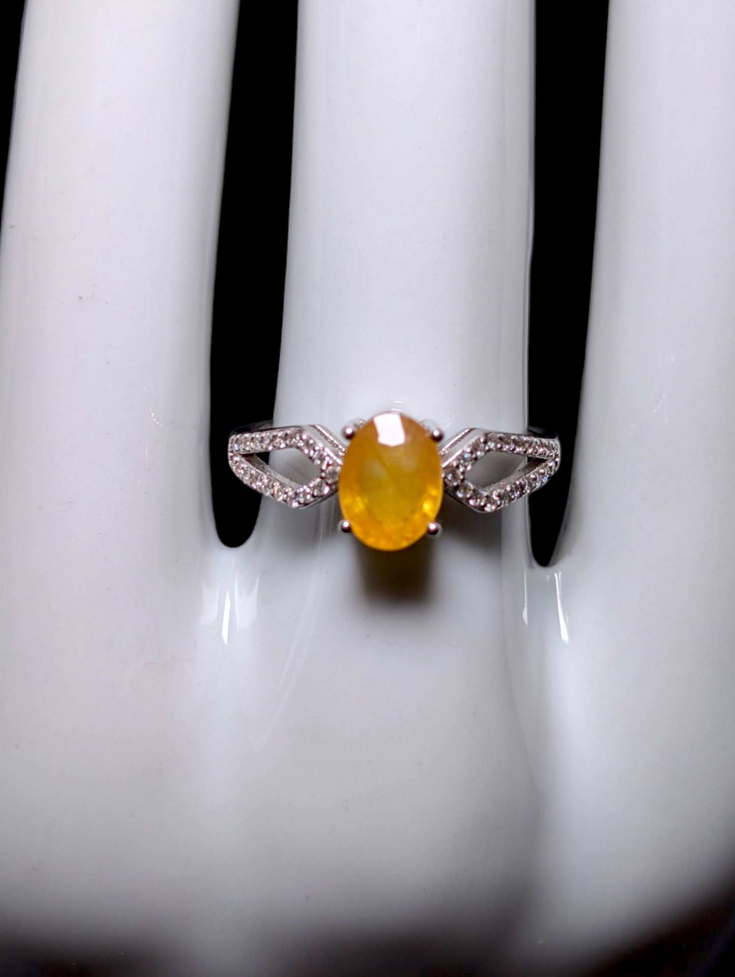 Vintage Inspired Oval Cut Earth Mined Genuine Yellow Sapphire Solitaire 14k White Gold over Sterling Split Shank Ring