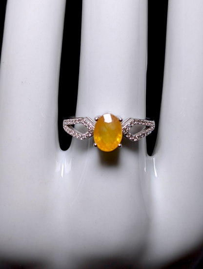 Vintage Inspired Oval Cut Earth Mined Genuine Yellow Sapphire Solitaire 14k White Gold over Sterling Split Shank Ring