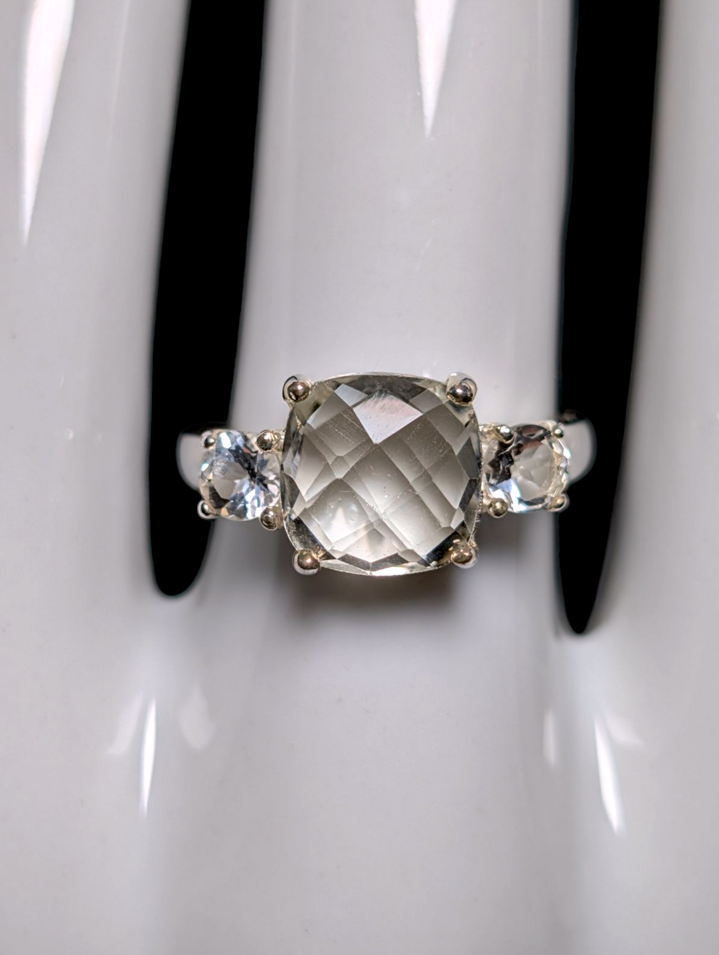 Vintage Cushion Checkerboard Cut Genuine Prasiolite with White Topaz Accent Stones Sterling Silver Ring