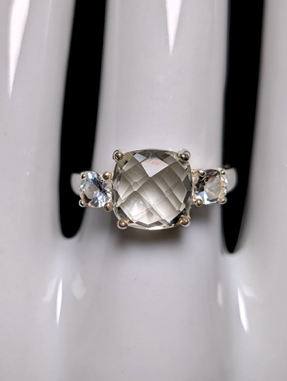 Vintage Cushion Checkerboard Cut Genuine Prasiolite with White Topaz Accent Stones Sterling Silver Ring