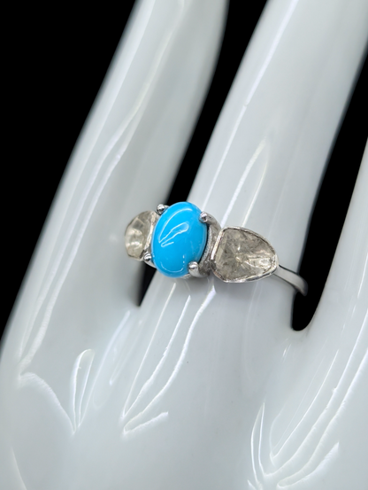 Vintage D'Joy Genuine Earth Mined Diamond and Genuine Sleeping Beauty Turquoise Sterling Silver Ring