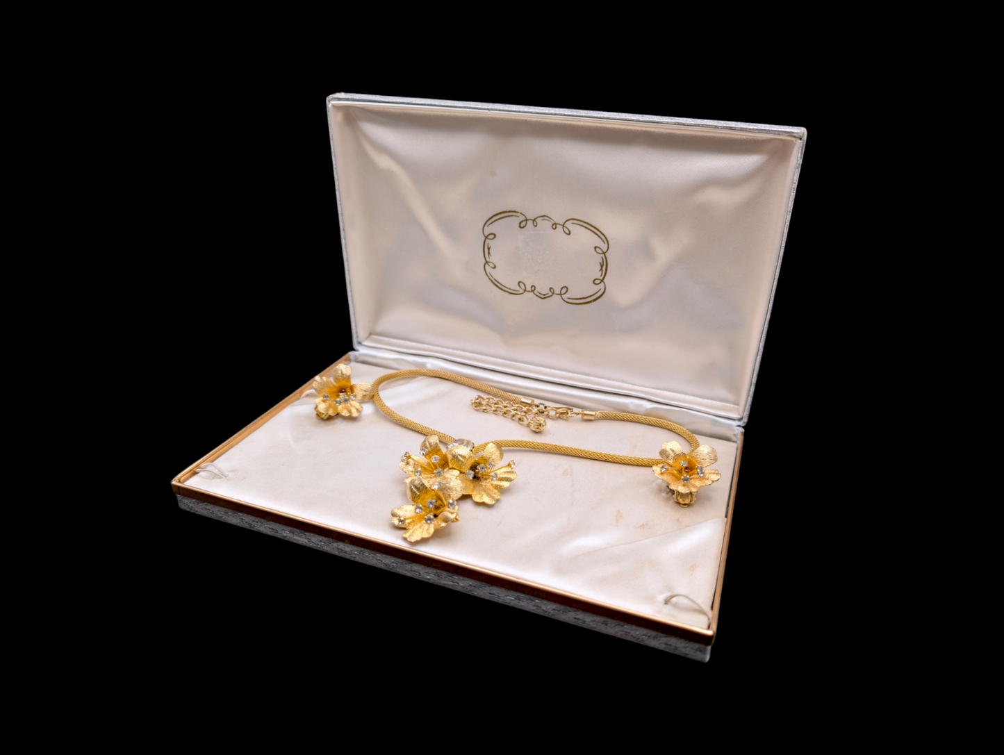 1940s-1960s Gold Toned Flower Crystal Rhinestone Necklace and Earrings Set in Original Box