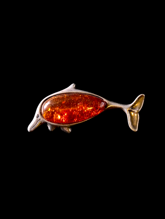 Vintage Dolphin Genuine Baltic Amber Jelly Belly Sterling Silver Brooch Pin