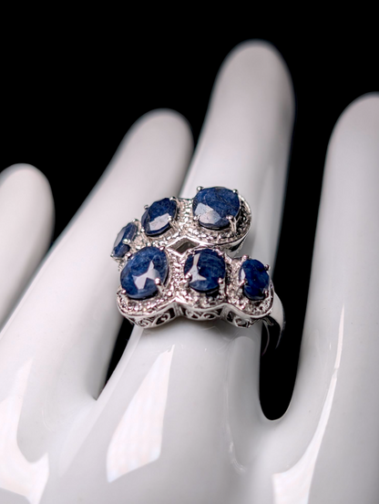 Vintage Graduating Oval Cut Earth Mined Genuine Blue Sapphire with Diamond Accent Stones Sterling Silver Wrap Ring