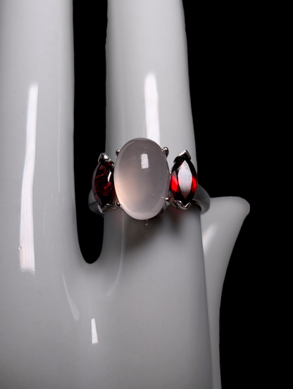 Vintage Cabochon Genuine Rose Quartz and Garnet Marquise Accent Stones Sterling Silver Ring