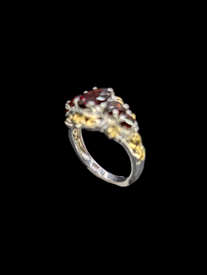 Vintage Graduating Genuine Garnet 14k Gold Plated Filigree Sterling Silver Ring