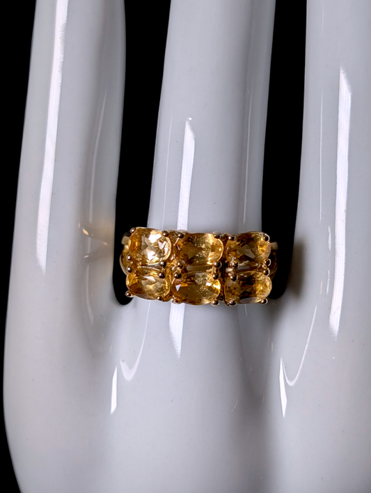 Vintage Double Row Genuine Golden Citrine 14k Gold over Sterling Silver Split Shank Ring