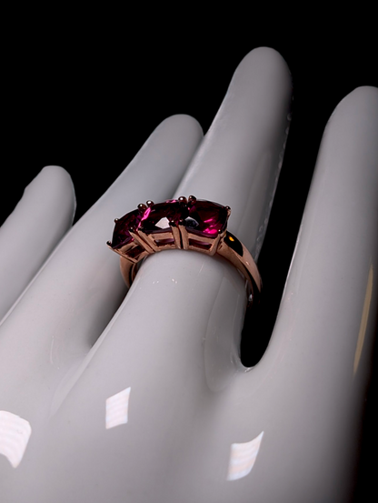 Vintage Cushion Cut Three Stone Genuine Pink Tourmaline 10k Solid Rose Gold Ring