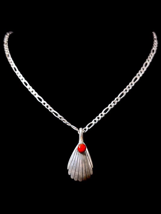 Vintage Native Genuine Red Coral Sterling Shell Pendant and Italian Sterling Silver Figaro Link Chain Necklace
