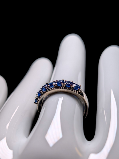 Vintage Round Cut Half Eternity Band Genuine Blue Kyanite Sterling Silver Ring