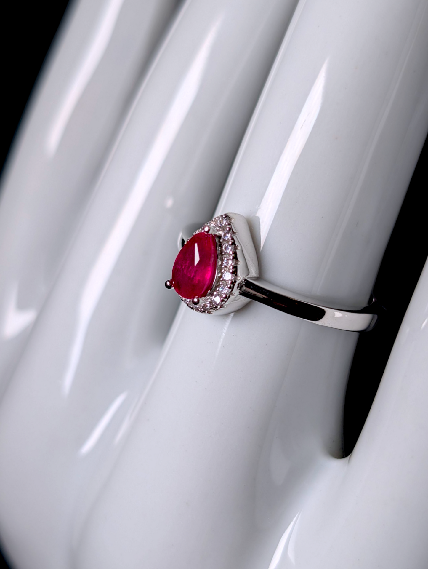 Vintage Dainty Pear Cut Genuine Ruby Solitaire with Simulated Halo Sterling Silver Stackable Ring