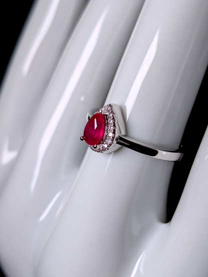 Vintage Dainty Pear Cut Genuine Ruby Solitaire with Simulated Halo Sterling Silver Stackable Ring