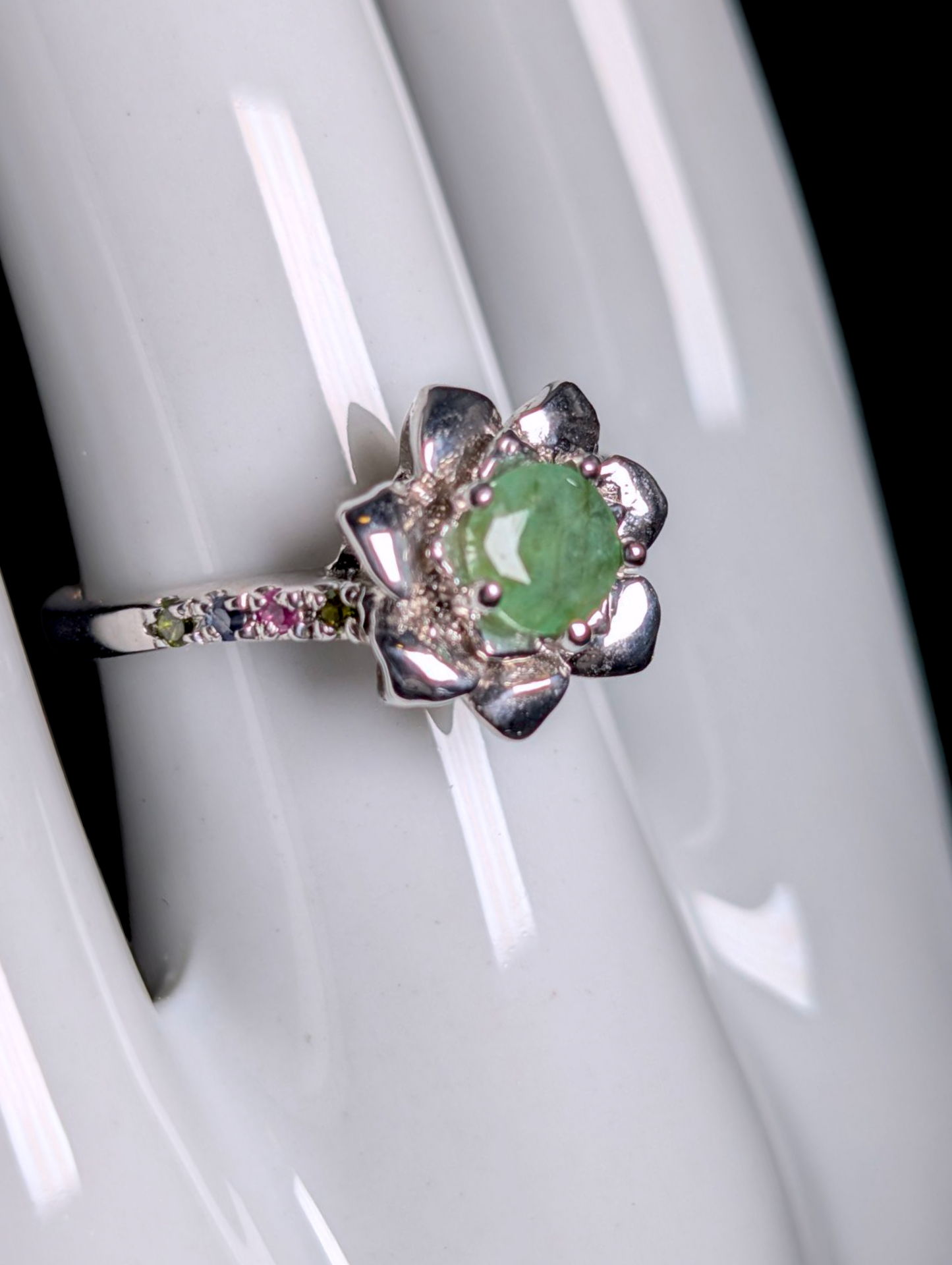 Vintage Multi-stone Earth Mined Round Cut Genuine Emerald Solitaire with Ruby, Chrome Diopside and Sapphire Accented Flower Sterling Silver Ring